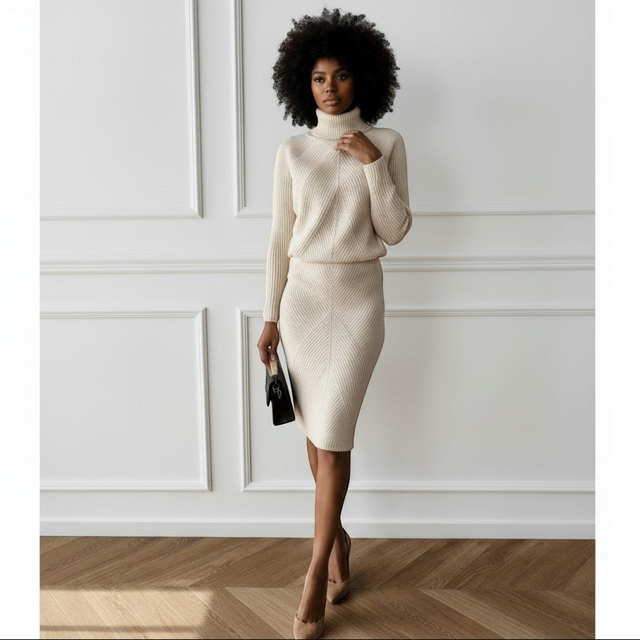 Allzom women's cream knitted turtleneck sweater with slim fit and ribbed texture. Elegant and versatile.