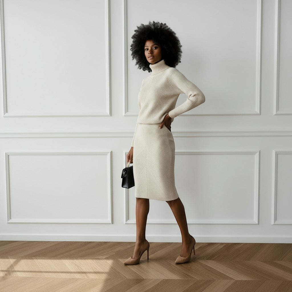Allzom women's cream knitted turtleneck sweater with slim fit and ribbed texture, paired with a matching skirt.