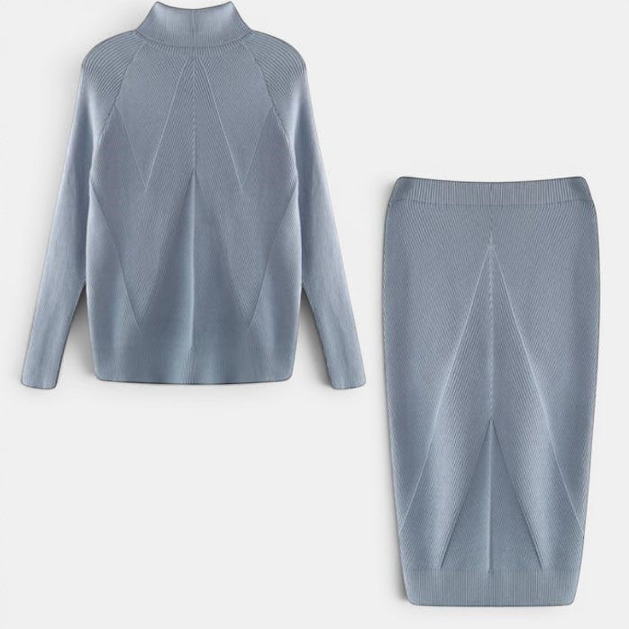Allzom women's slim fit light blue knitted turtleneck sweater and matching skirt with chevron pattern