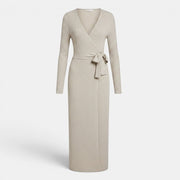 Allzom women's beige long-sleeve V-neck knitted wrap dress with tied waist detail.