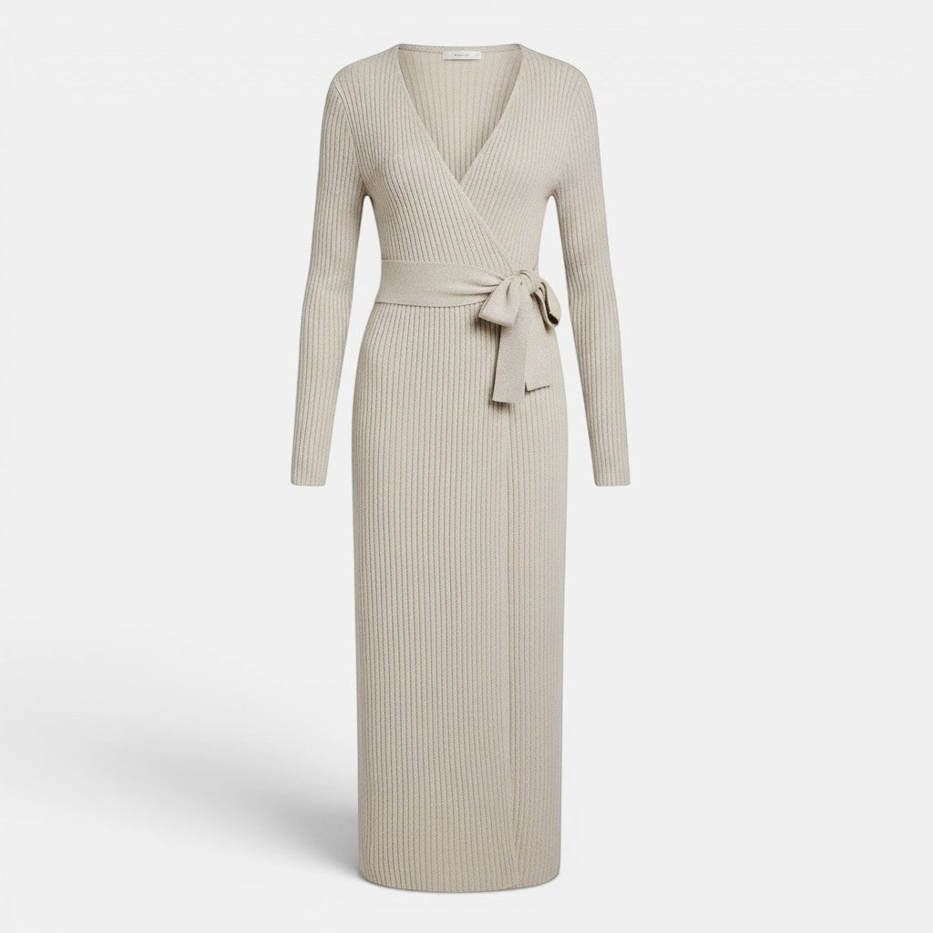 Allzom women's beige long-sleeve V-neck knitted wrap dress with tied waist detail.