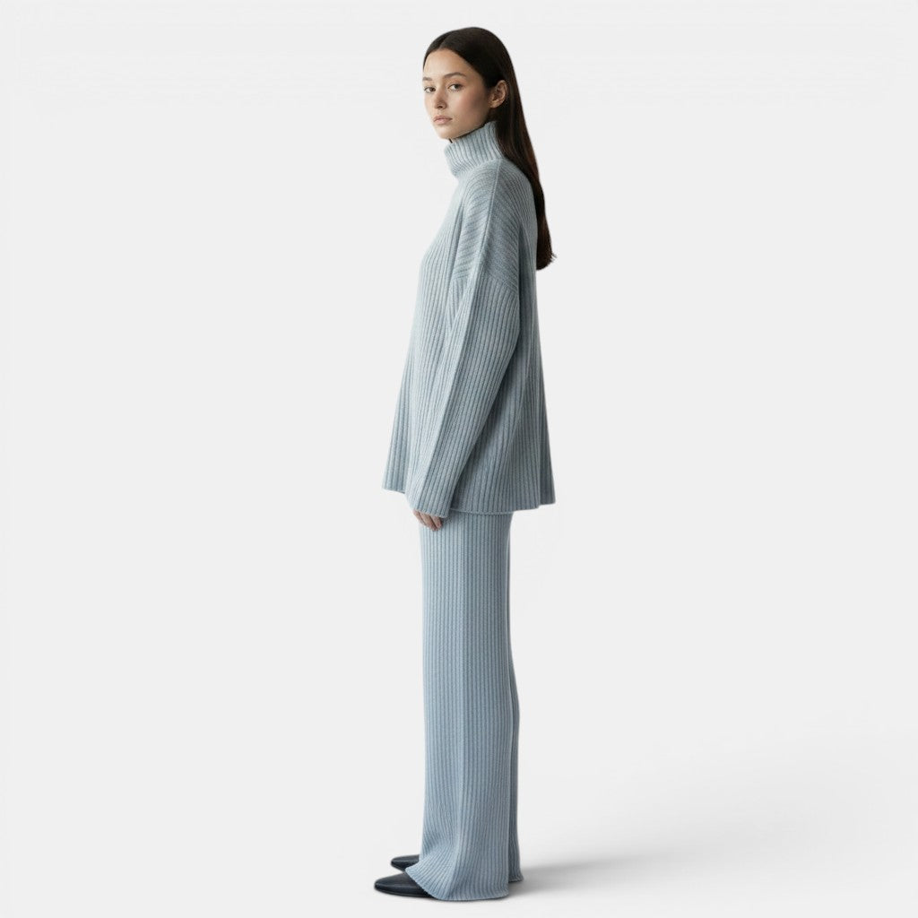 Allzom women's light blue ribbed knit turtleneck sweater and wide-leg pants leisure suit.