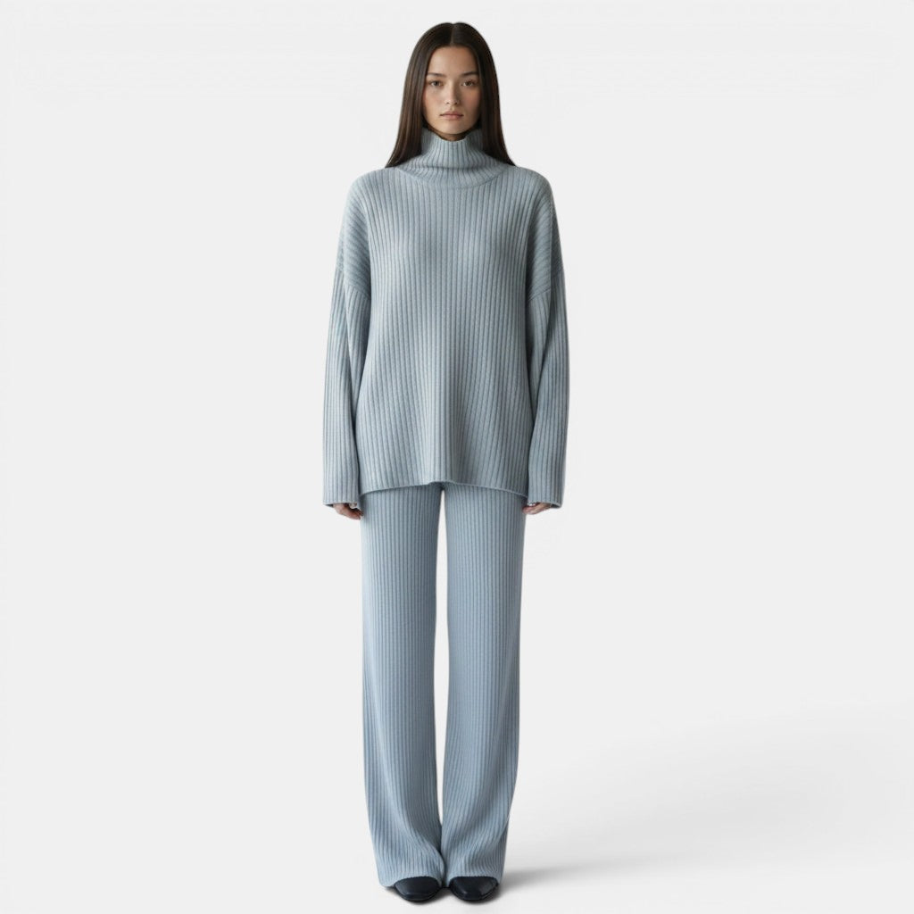 Allzom women's light blue ribbed knit turtleneck sweater and wide-leg pants leisure suit.