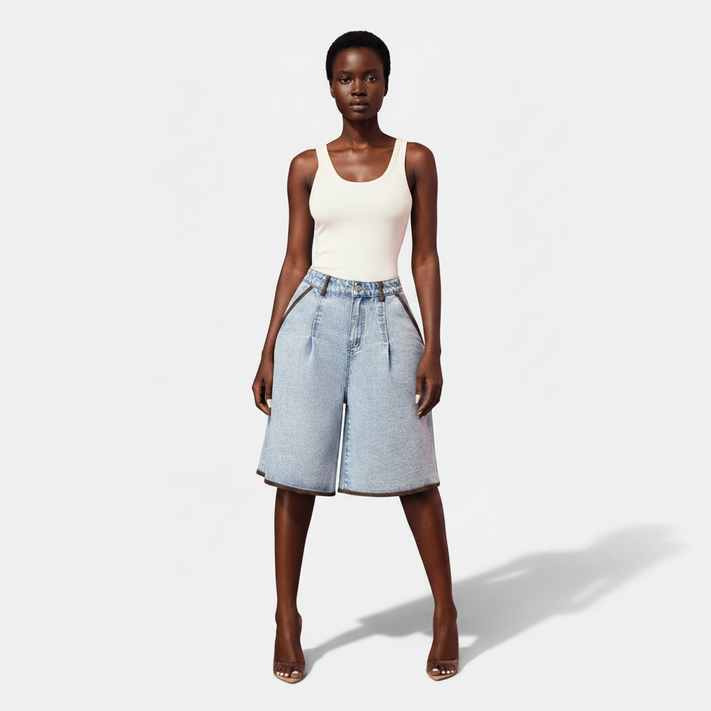 Allzom Women's light blue wide-leg denim capris with brown contrast trim and pleats.
