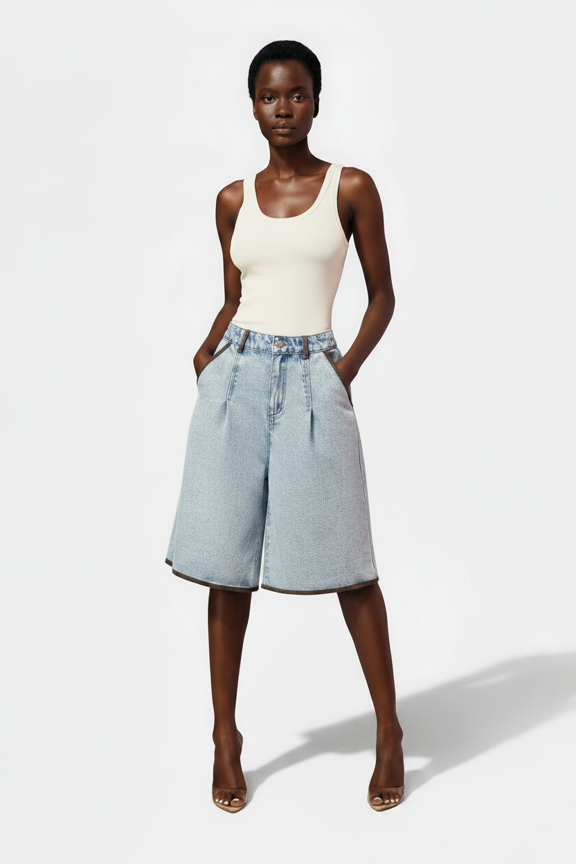 Jeans Curtos Flare com Contraste para Mulher