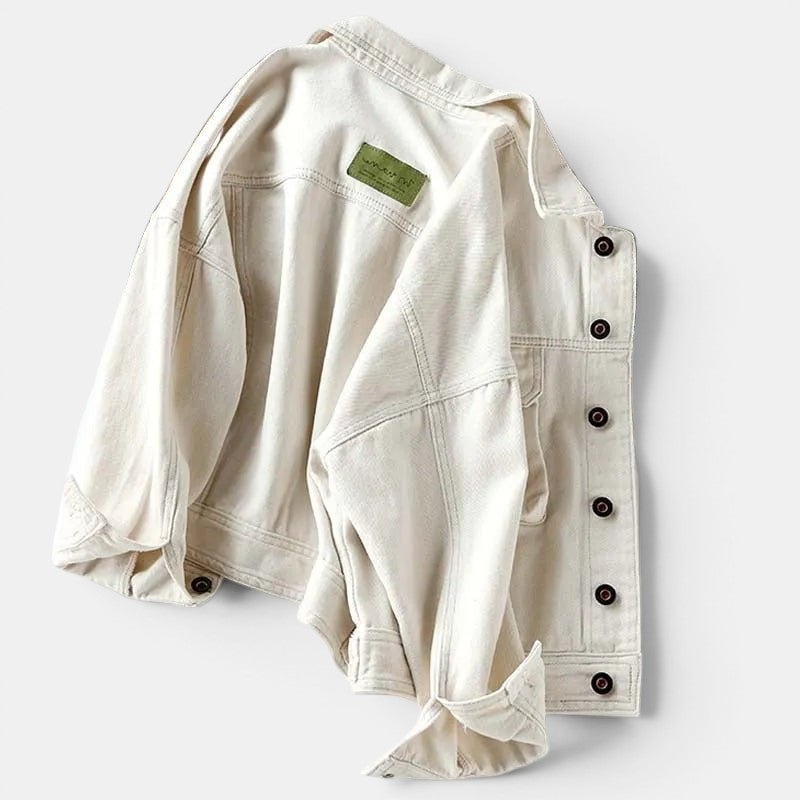 Allzom women's single-breasted loose short coat in off-white denim with a classic collar and button closure.