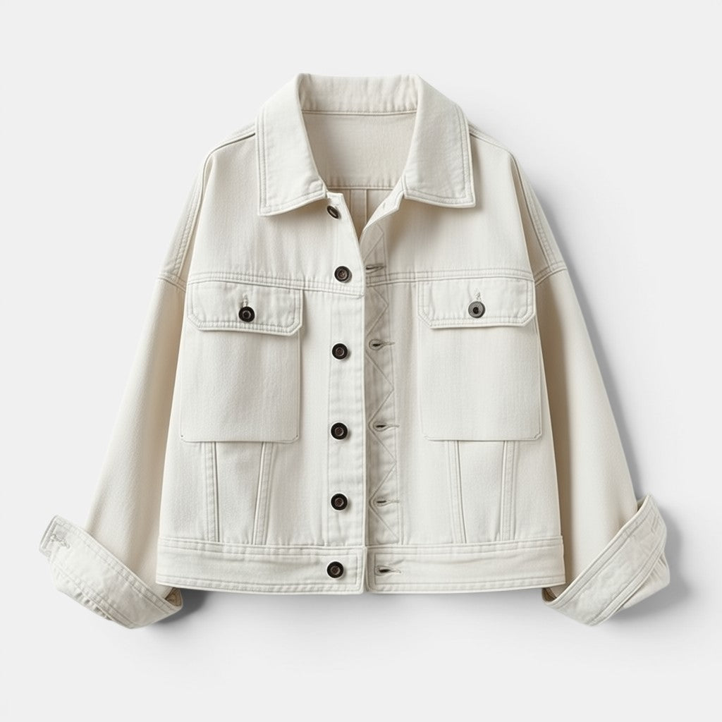 Allzom women's single-breasted loose short coat in off-white denim with four front pockets and button closure.