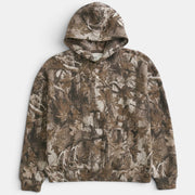 Allzom women's oversized hoodie with camouflage maple leaf print in brown and beige, featuring a kangaroo pocket and hood.