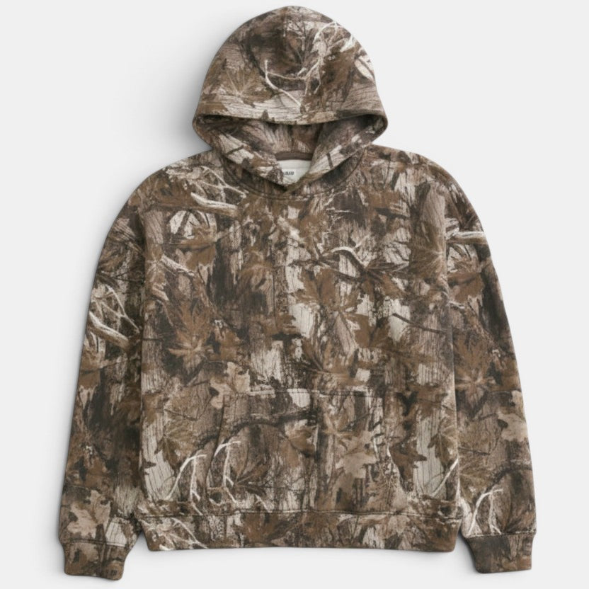 Allzom women's oversized hoodie with camouflage maple leaf print in brown and beige, featuring a kangaroo pocket and hood.