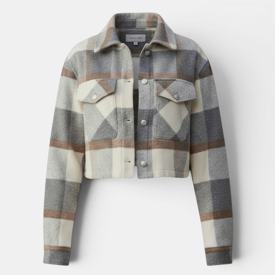 Allzom women's cropped wool-blend jacket in grey, white and brown plaid with lapel collar and button closure.