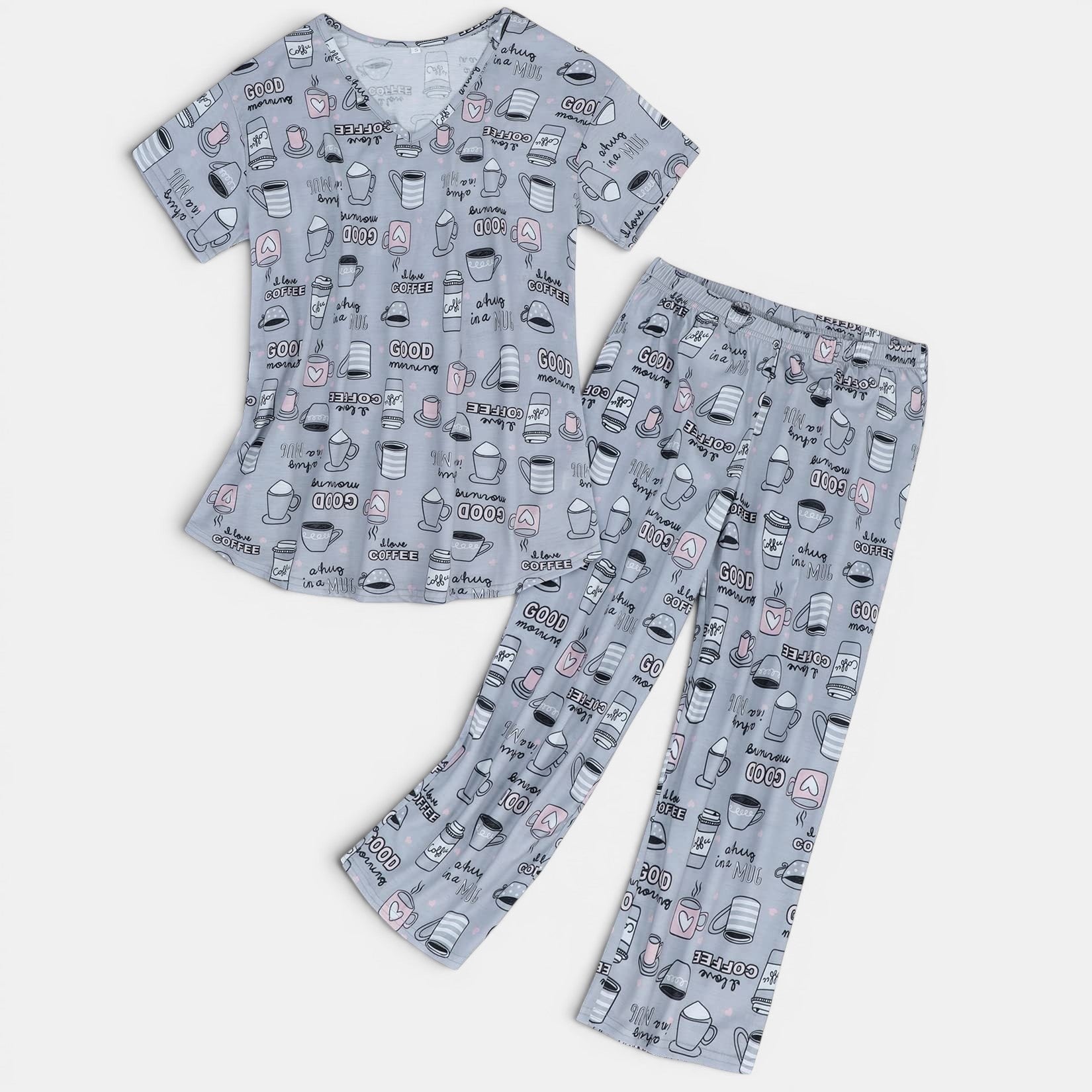 Allzom women's plus size grey knitted cotton short-sleeve pajama set with cropped pants, featuring a coffee cup print.
