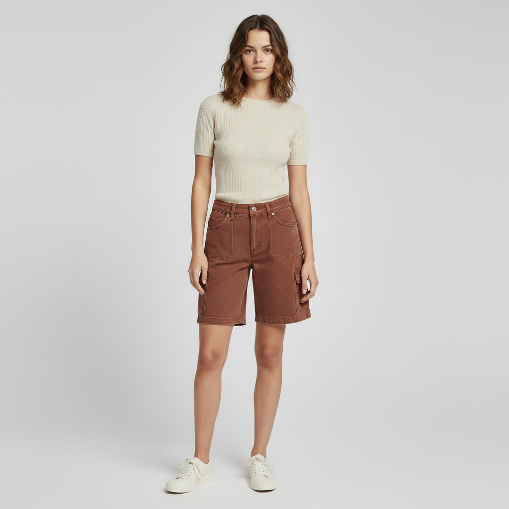 Women's Vintage Washed Red Cargo Denim Shorts, High Waist Straight Leg Knee Length Multi-Pocket Bermuda Jeans