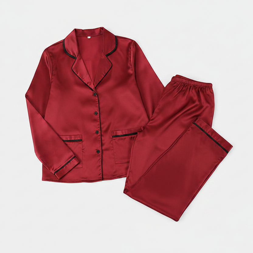Women's Satin Contrast Color Shirt & Trousers Homewear Suit
