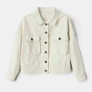 Allzom women's single-breasted loose short coat in off-white, featuring a classic collar, button closure, and four front pockets.