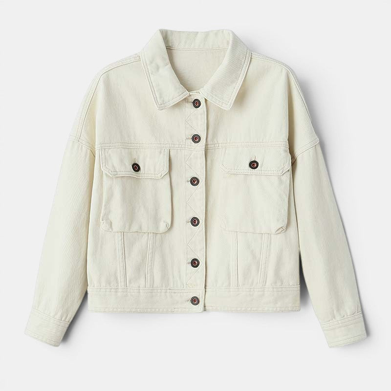 Allzom women's single-breasted loose short coat in off-white, featuring a classic collar, button closure, and four front pockets.