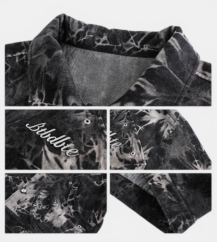 Allzom women's tie-dye embroidered denim coat in black and white. Features unique wash and artisanal detailing.
