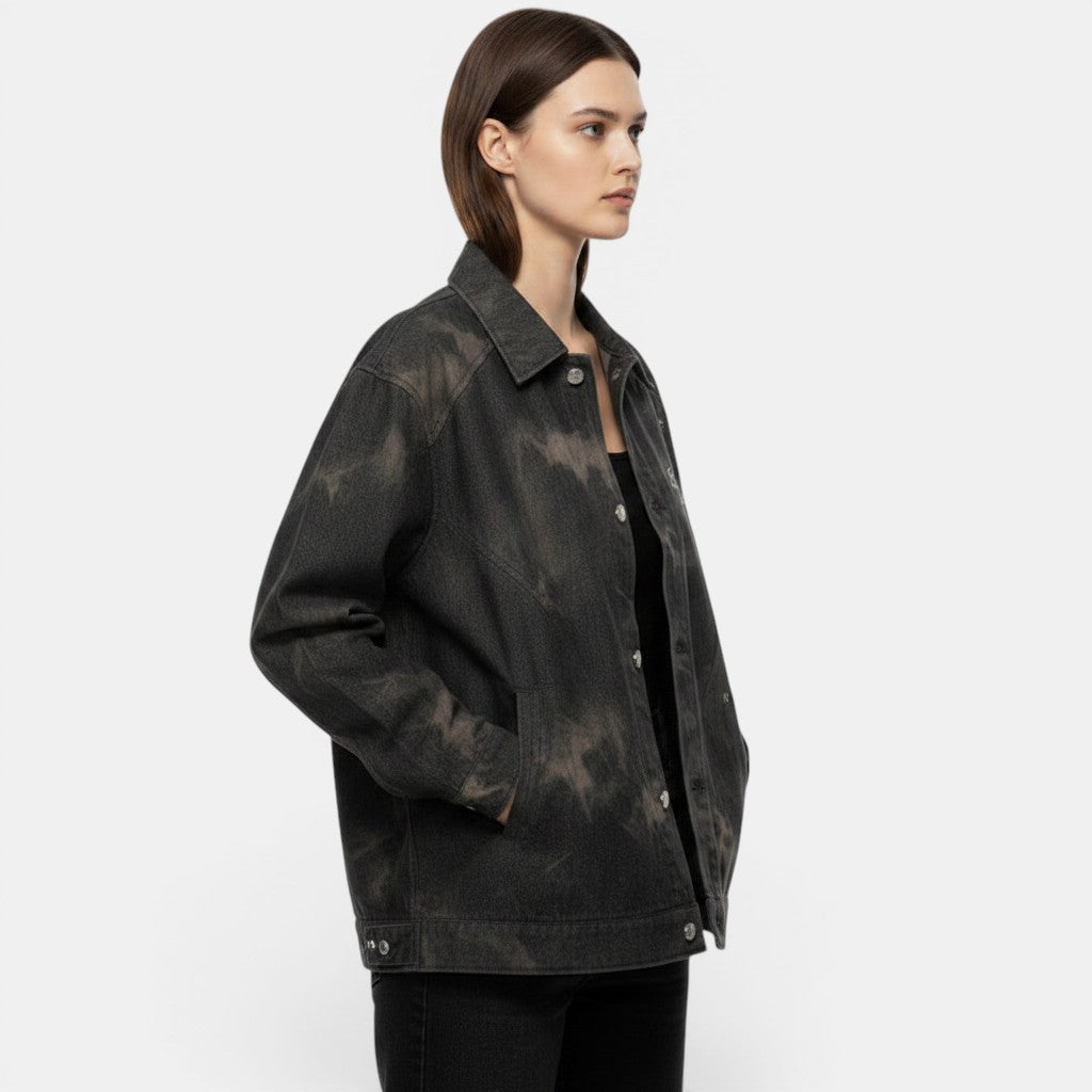 Allzom women's tie-dye embroidered denim coat in charcoal grey with unique wash and artisanal detailing.