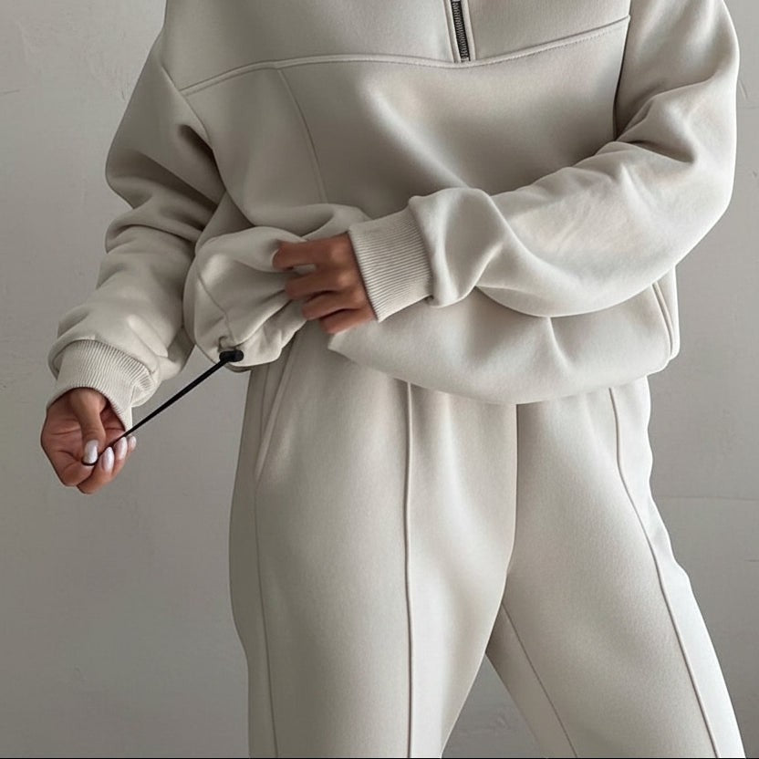 Allzom women's beige Y2K tracksuit set with zip jacket and casual pants. Soft fabric.