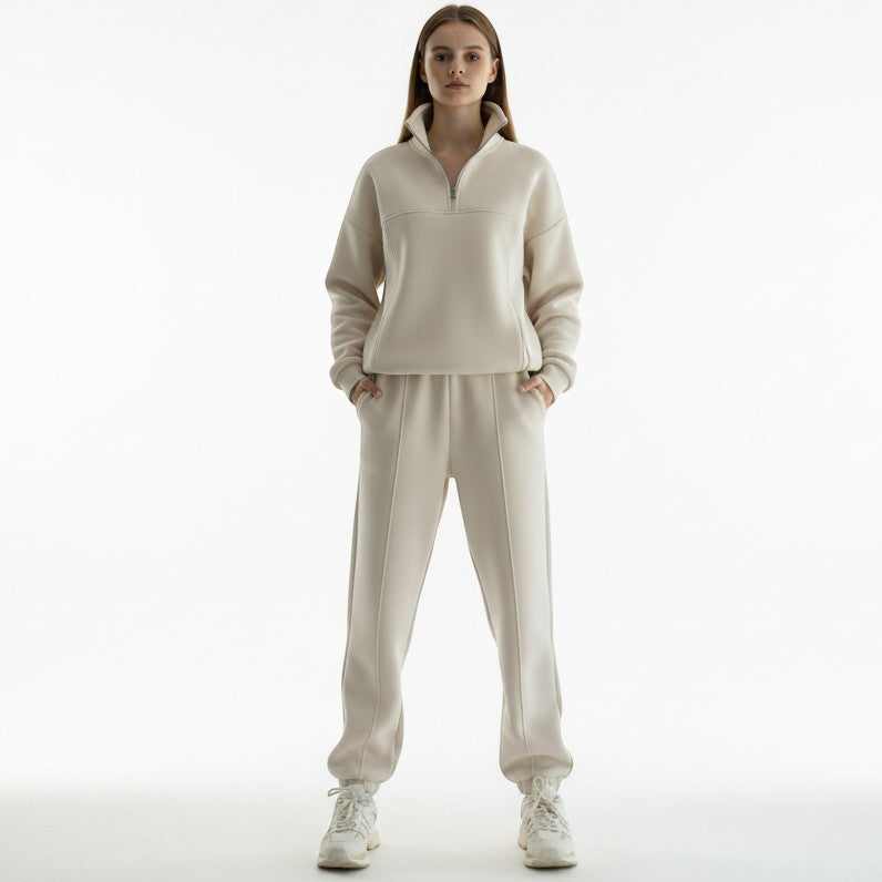 Allzom women's beige Y2K tracksuit set with zip jacket and casual pants, featuring contrast stitching.