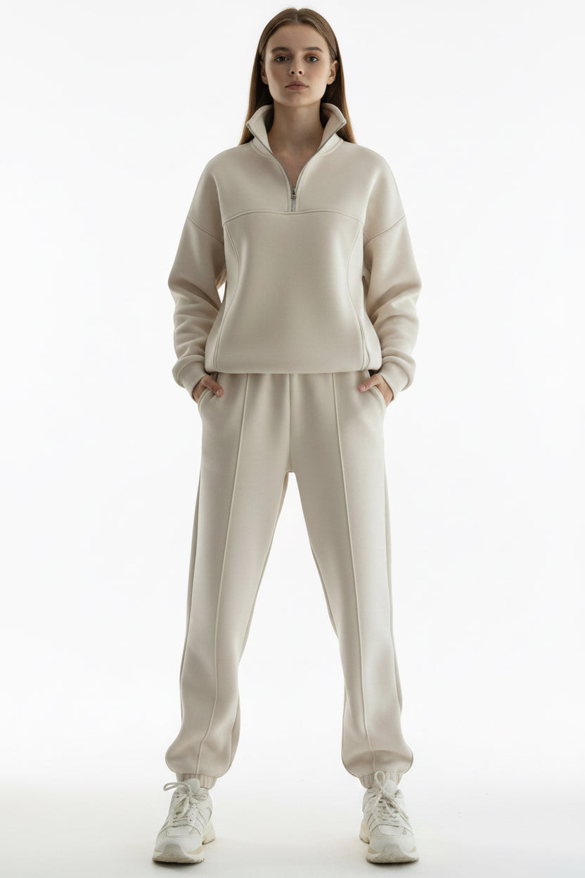 Allzom women's beige Y2K tracksuit set with zip jacket and casual pants, featuring contrast stitching.