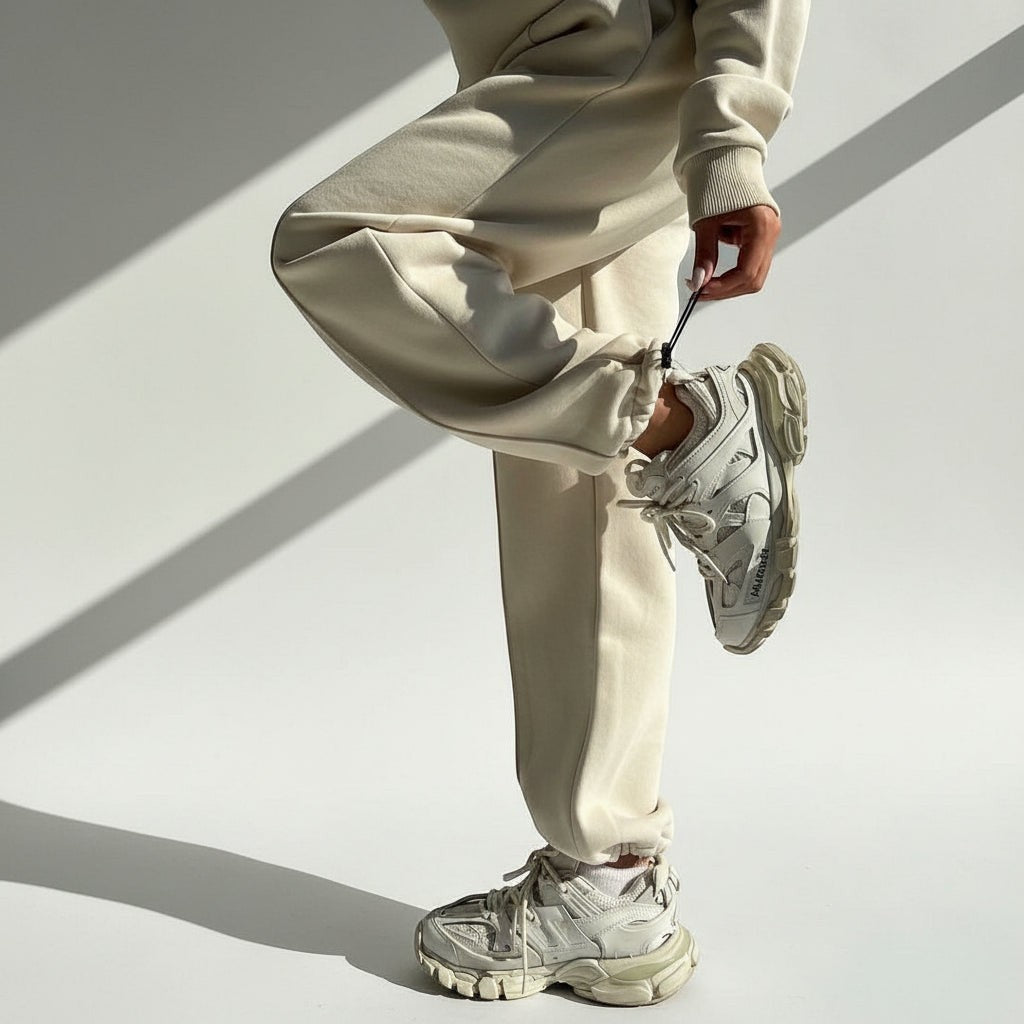 Allzom women's cream Y2K tracksuit set with contrast zip jacket and casual pants, soft breathable fabric.