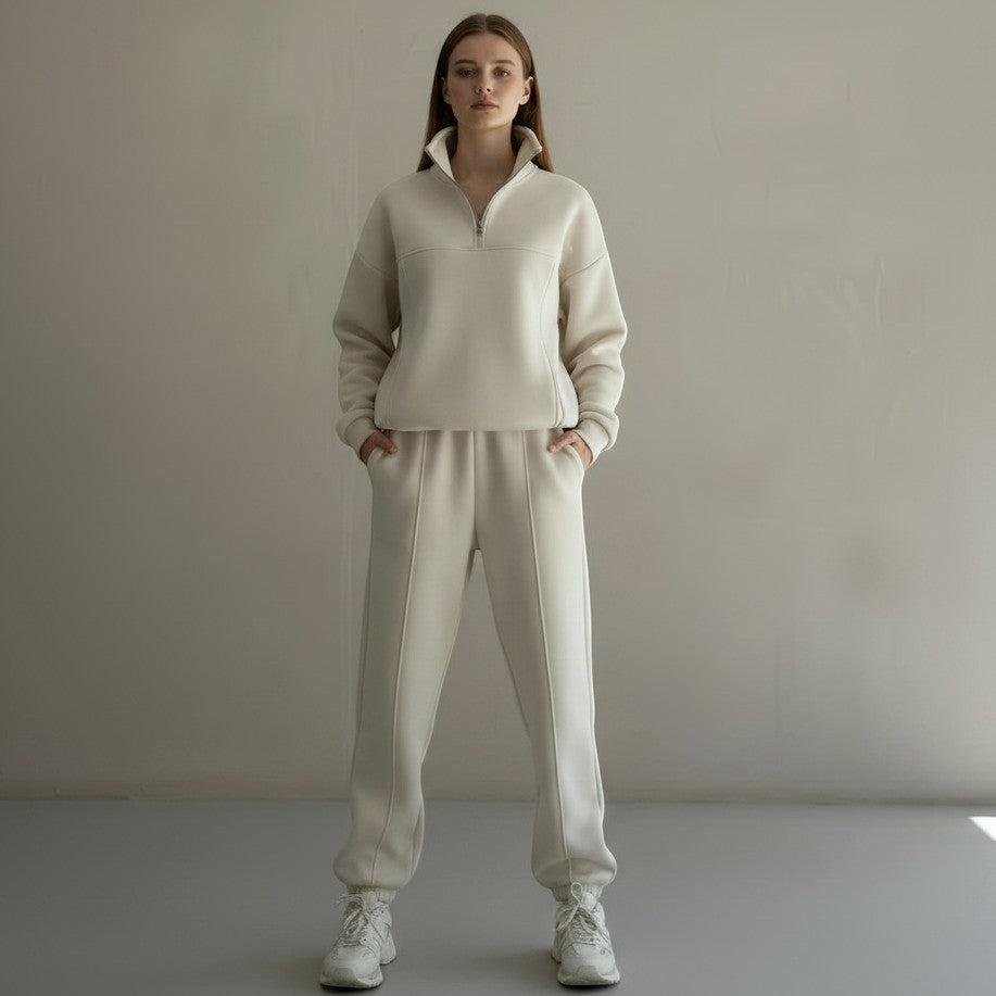Allzom women's cream Y2K tracksuit set with zip jacket and casual pants, soft breathable fabric.
