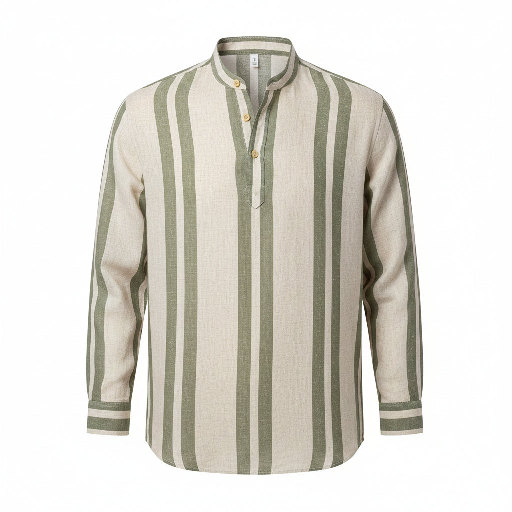 Men's Striped Stand Collar Slub Linen Casual Shirt
