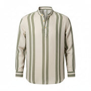 Men's Striped Stand Collar Slub Linen Casual Shirt