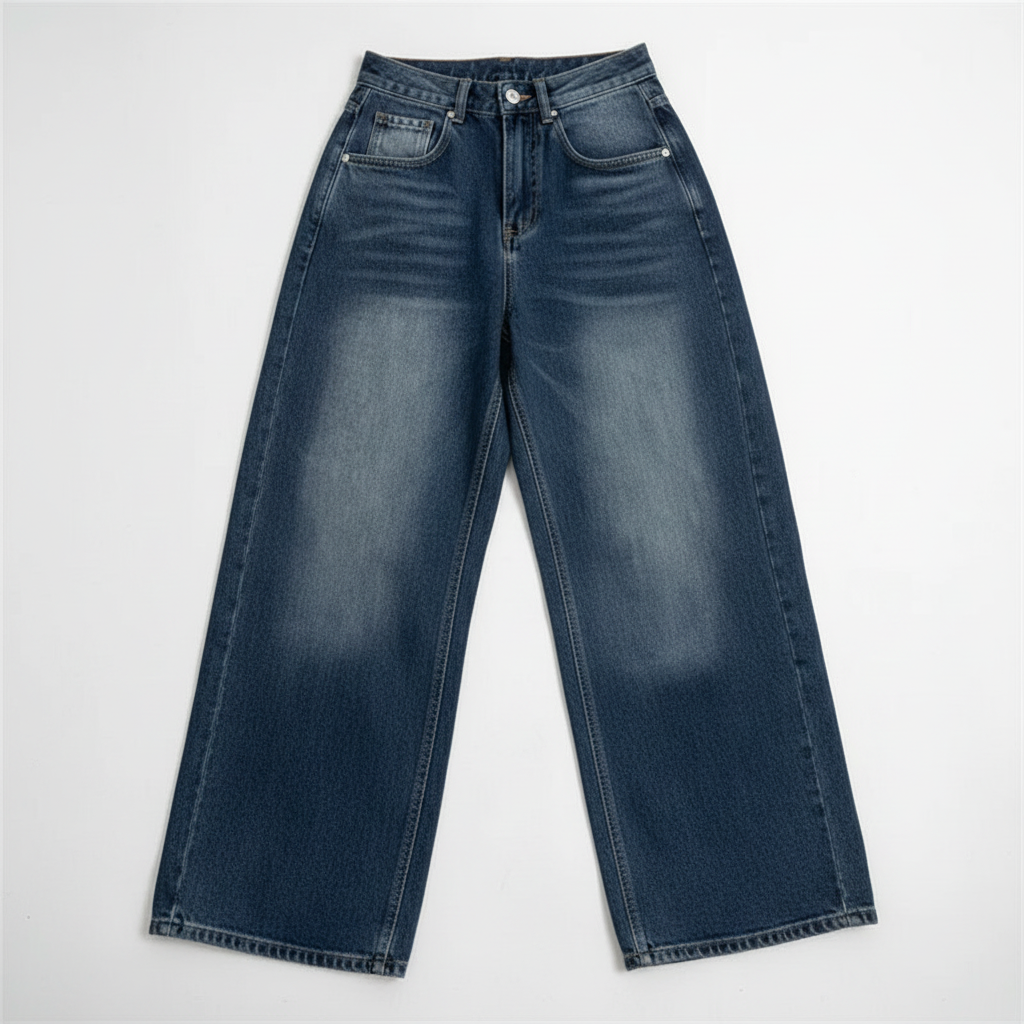 Washed Blue Wide-leg Jeans High Waist Loose Straight Long Pants