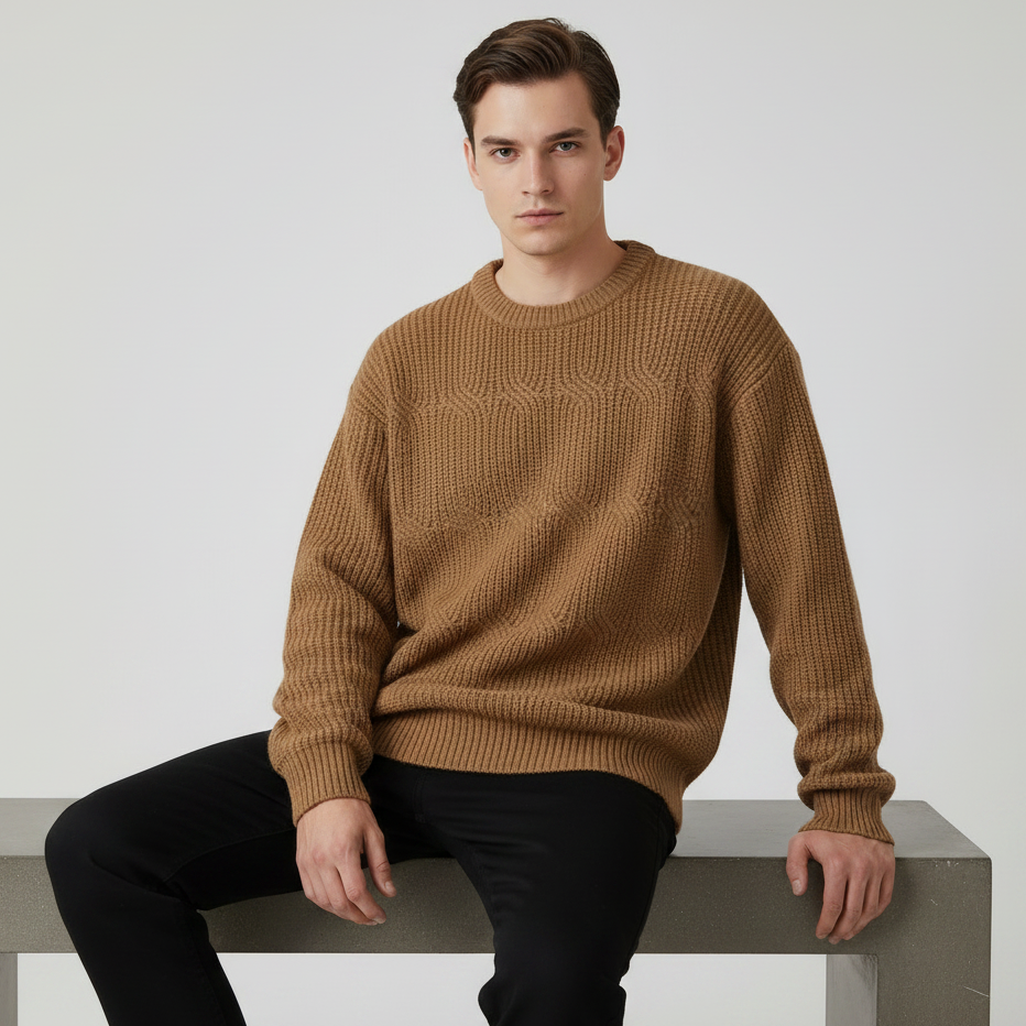 Men's Solid-Colour Retro Crew Neck Long-Sleeve Knitted Sweater
