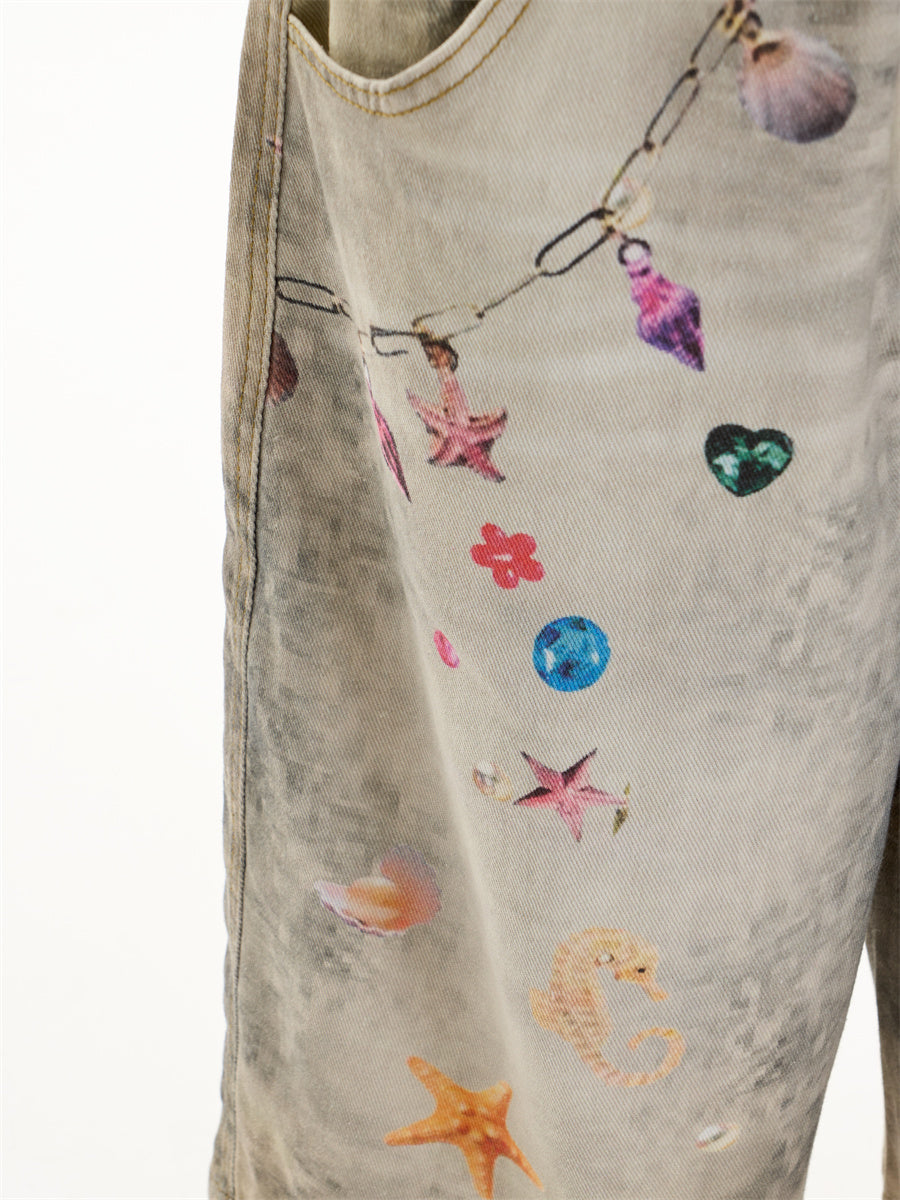 Creative Women's Straight Loose Printed Wide-leg Cropped Jeans