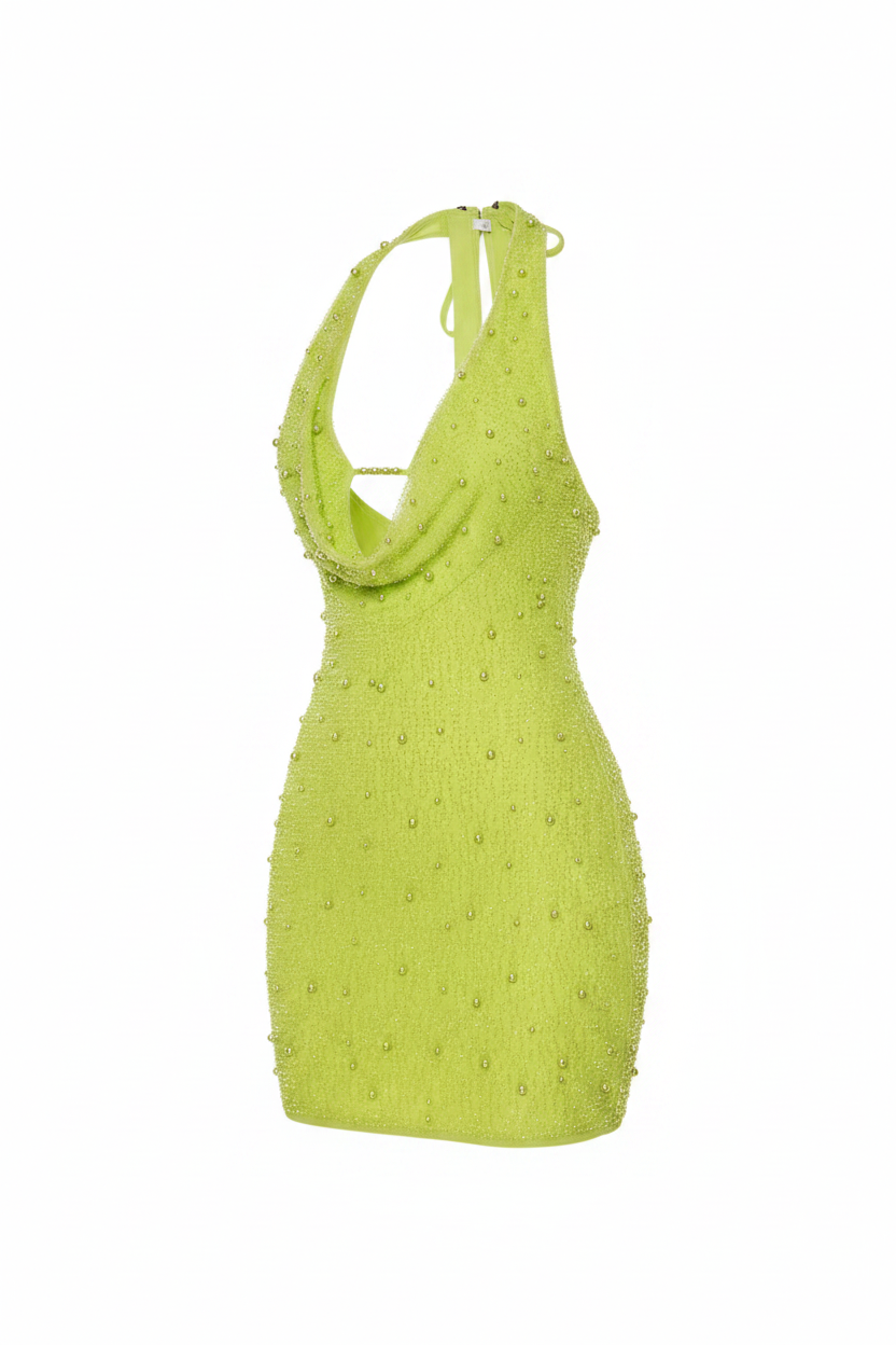 Beaded Pockets Collar Hollow-out Vest Type Dress