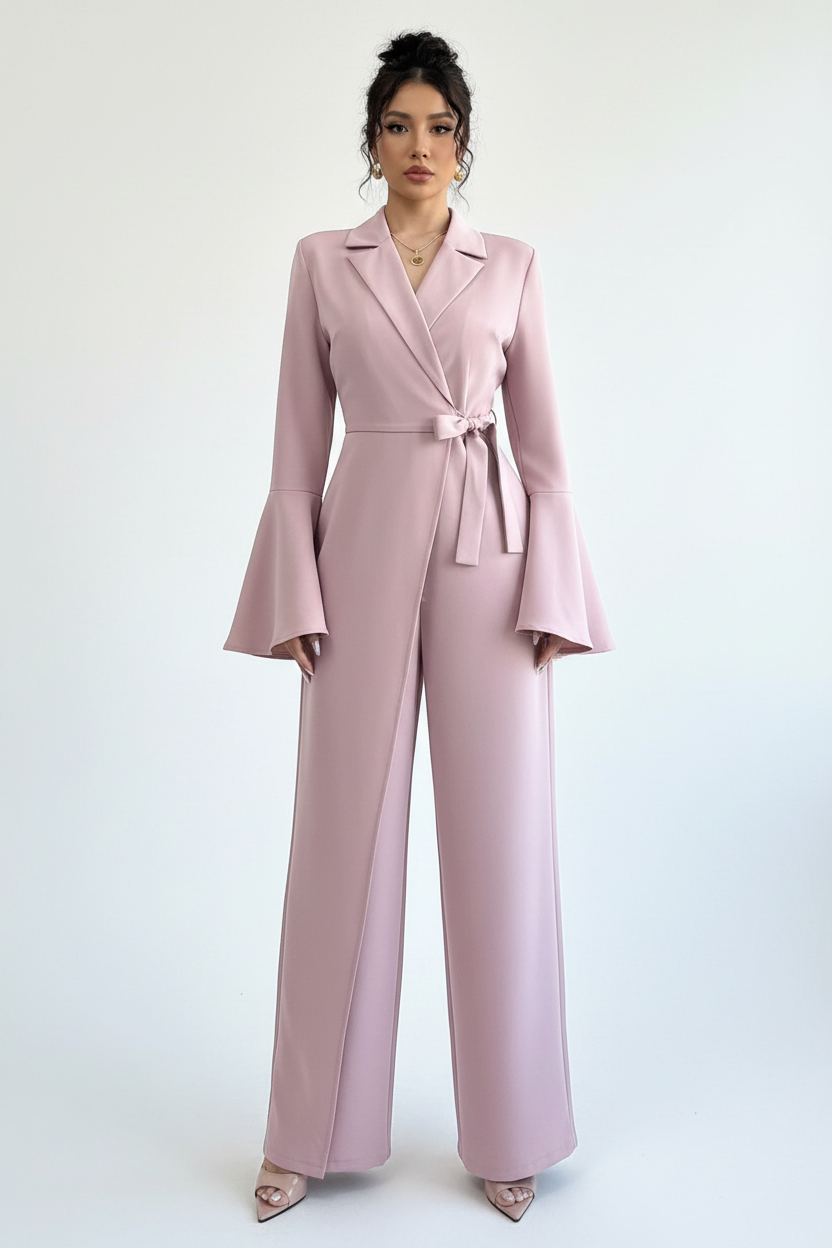 Women's Elegant Solid-Colour Flared Sleeve Wide-Leg Jumpsuit