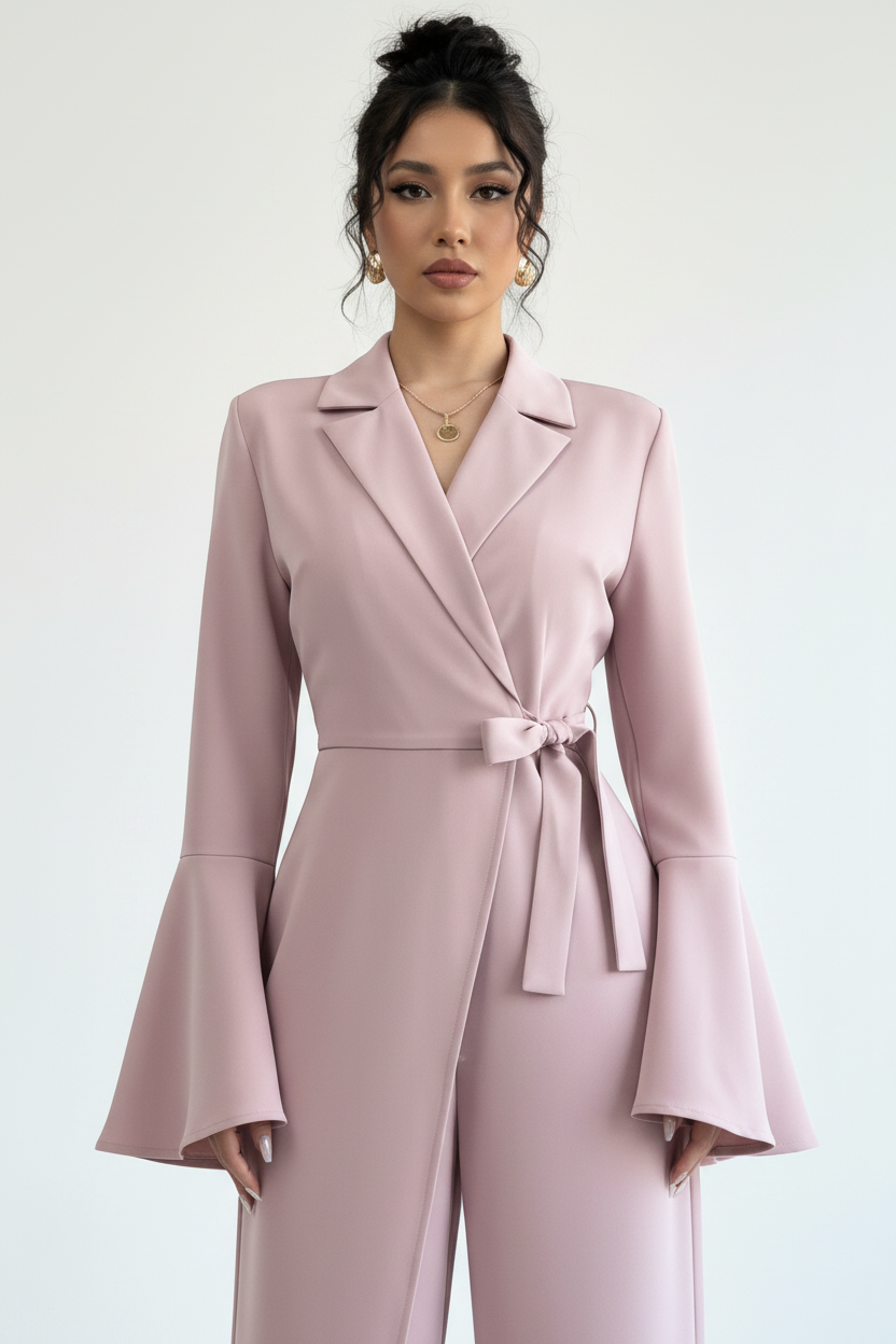 Women's Elegant Solid-Colour Flared Sleeve Wide-Leg Jumpsuit