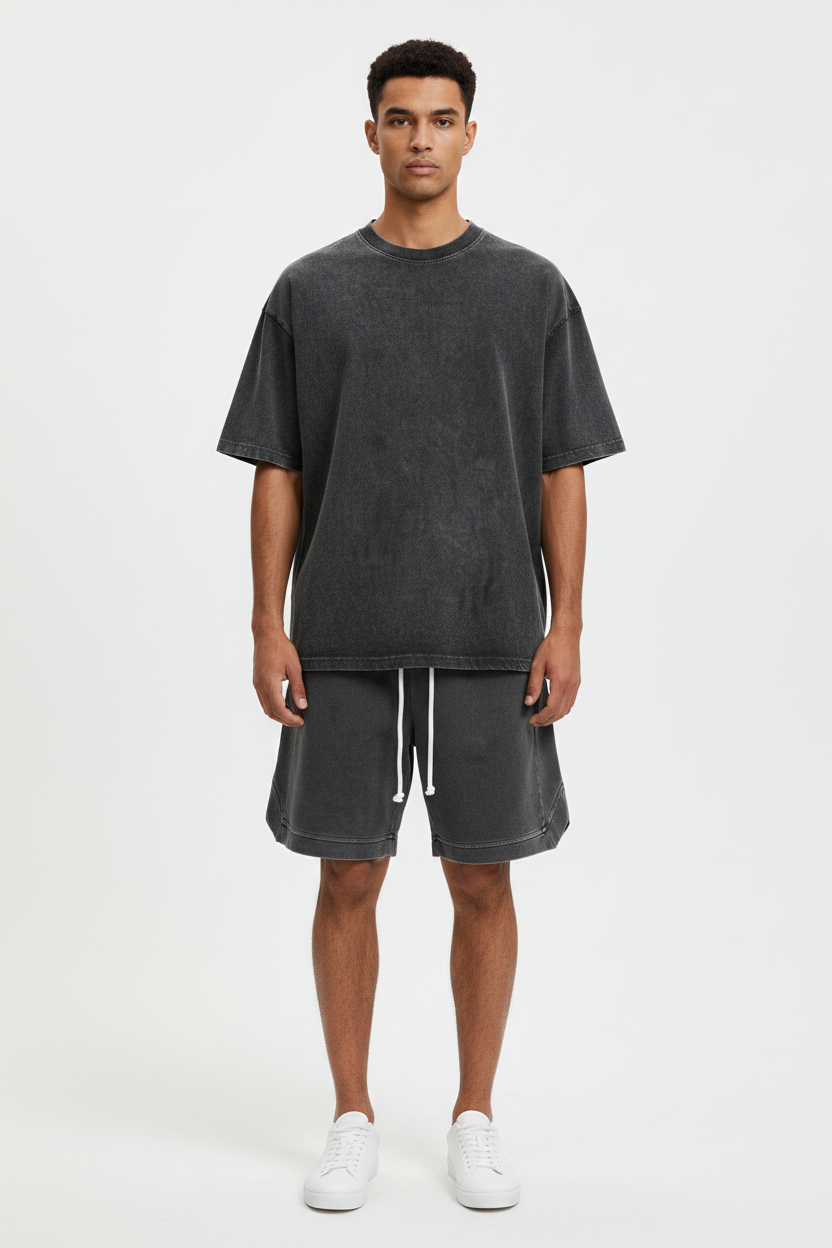 Conjunto Casual de Moda para Exercício com T-shirt e Calções em Algodão Puro Lavado
