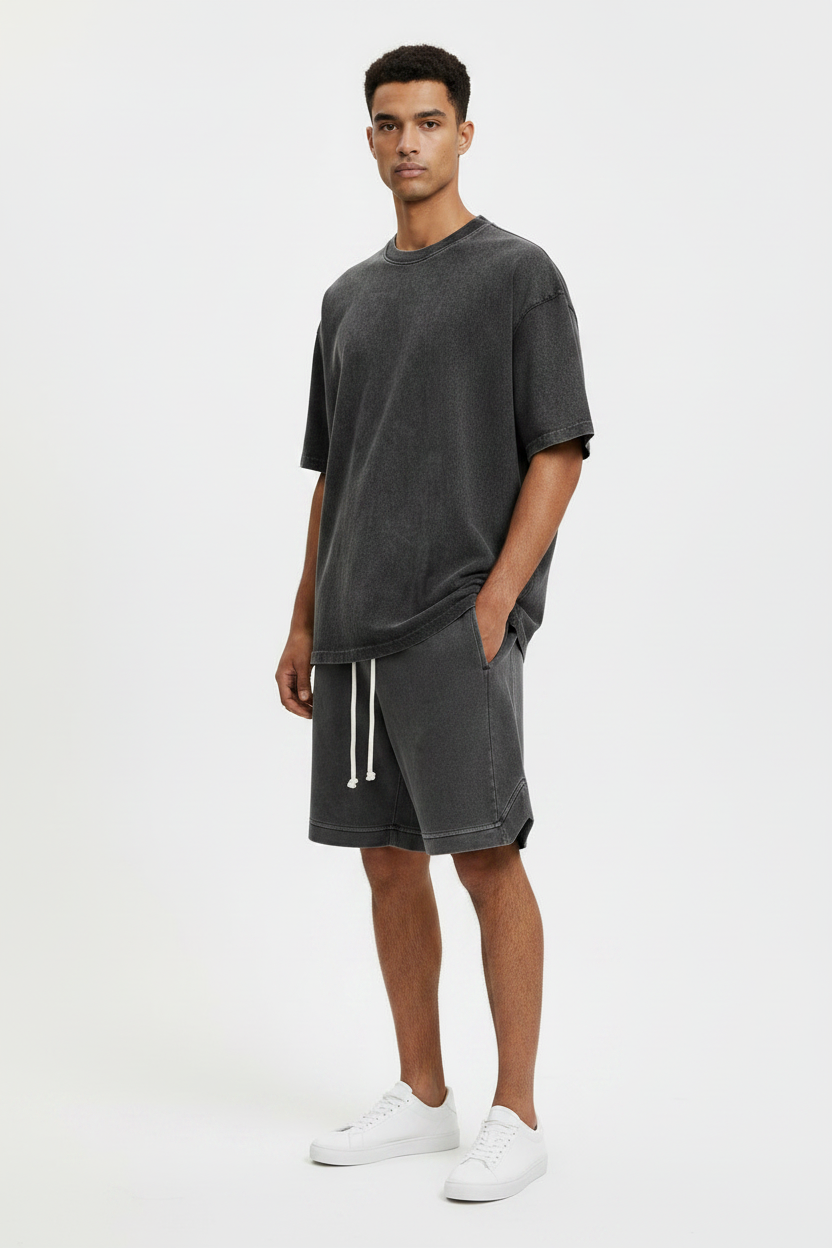 Conjunto Casual de Moda para Exercício com T-shirt e Calções em Algodão Puro Lavado