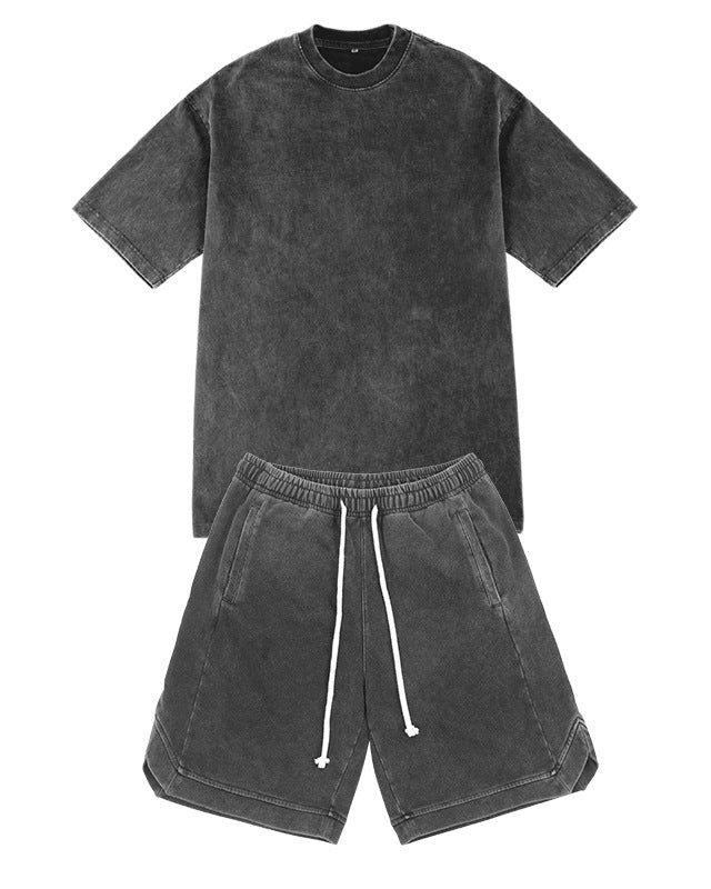 Conjunto Casual de Moda para Exercício com T-shirt e Calções em Algodão Puro Lavado