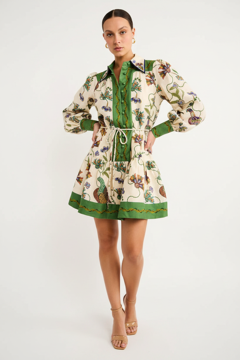 Women's Long Sleeve Printed Lapel Dress