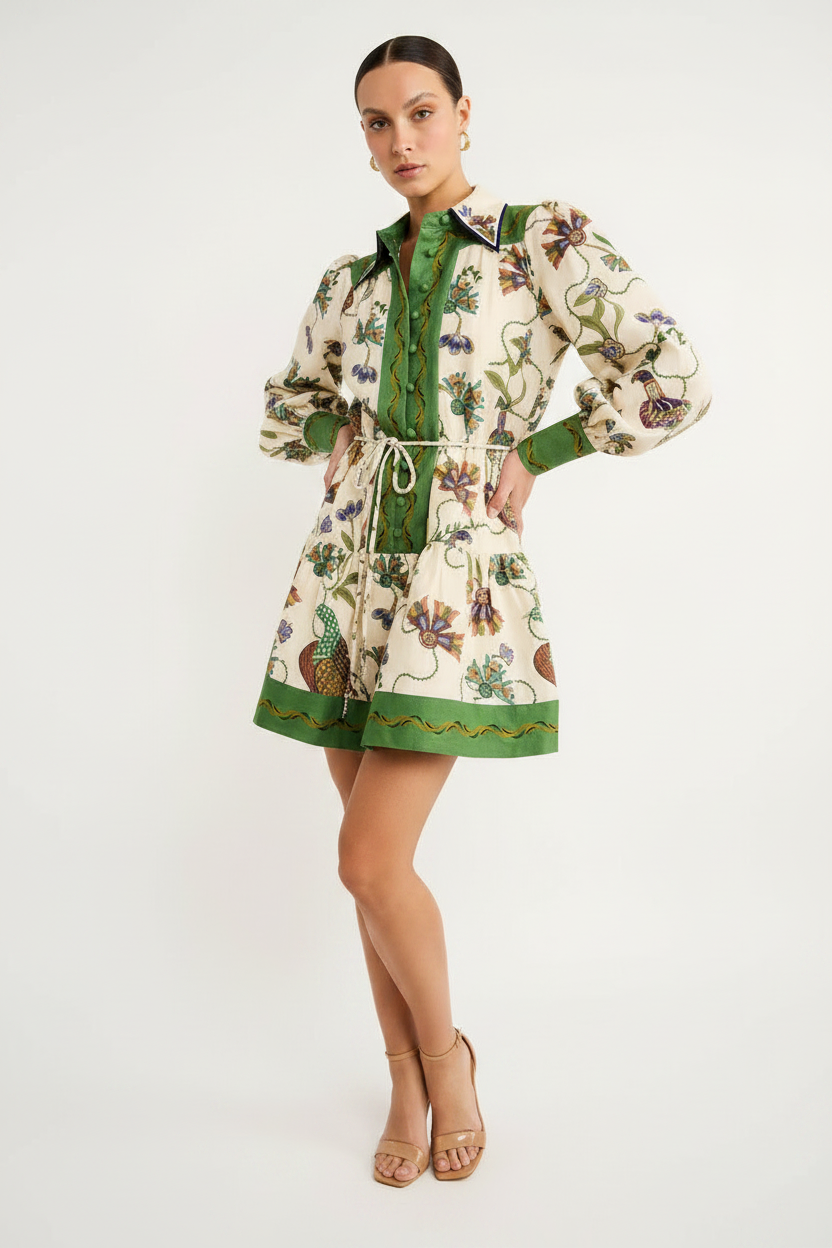 Women's Long Sleeve Printed Lapel Dress