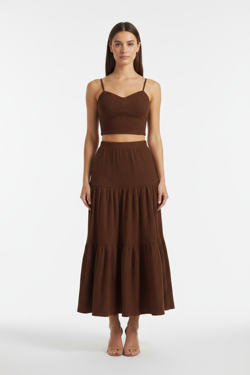 Casual Solid Color Ribbed Fit Vest Top And Ruched Hem A- Line Skirt