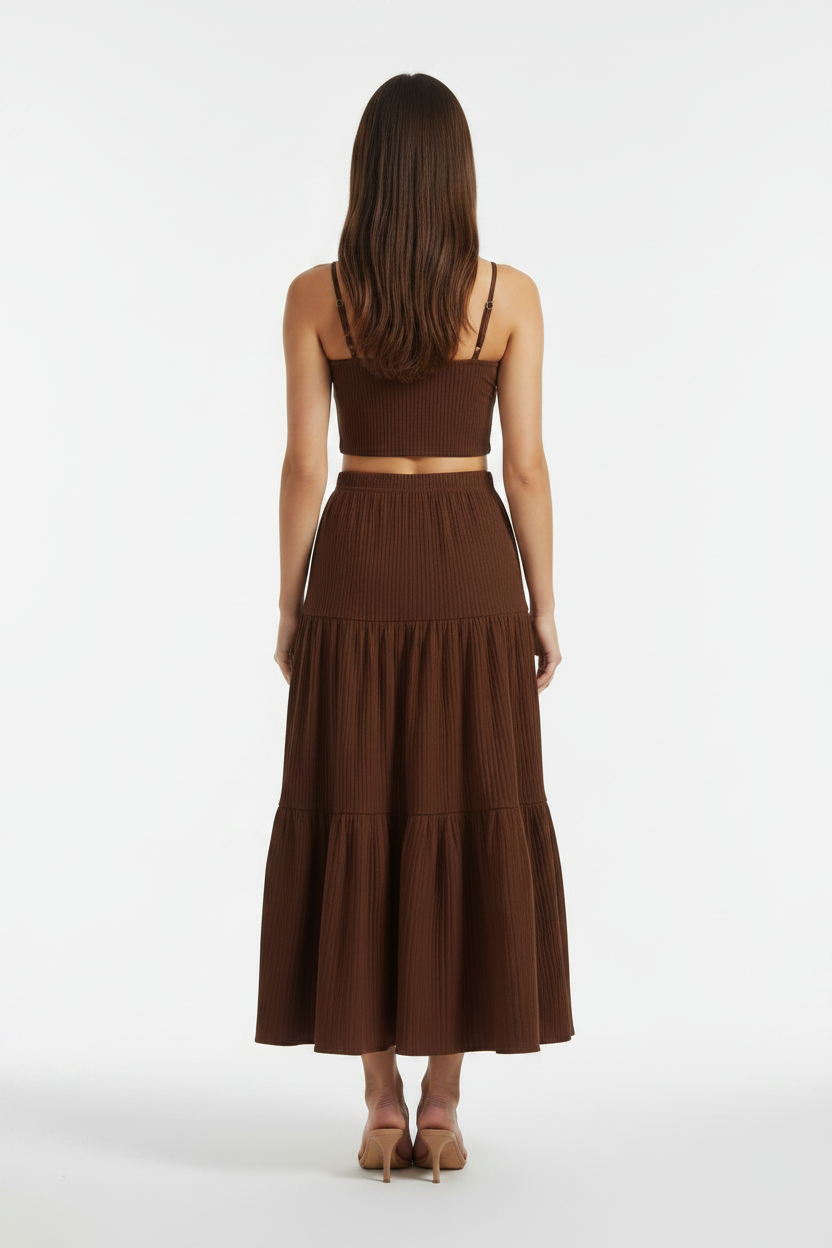 Casual Solid Color Ribbed Fit Vest Top And Ruched Hem A- Line Skirt