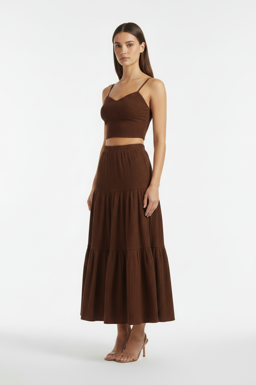Casual Solid Color Ribbed Fit Vest Top And Ruched Hem A- Line Skirt