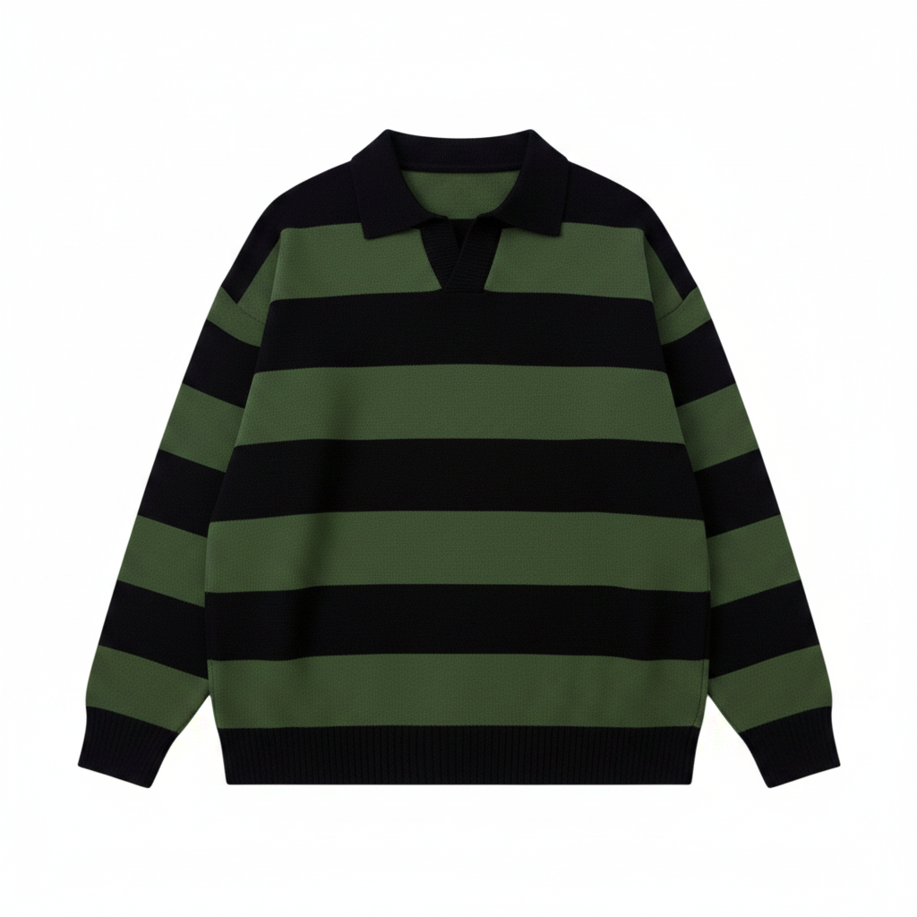 Men's Casual V-Neck Contrast Stripe Long-Sleeve Knit Pullover