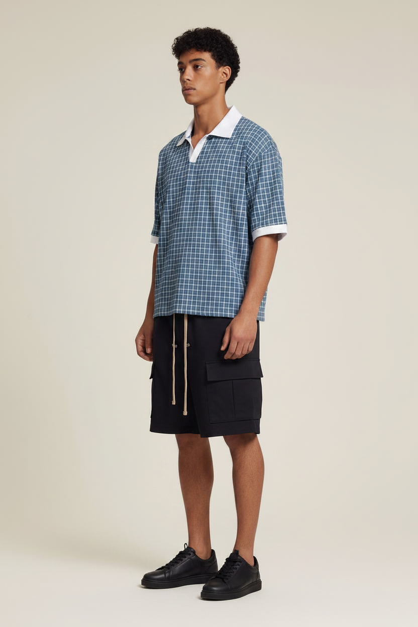 Men's Colour-Block Plaid Lapel Short Sleeve Shirt