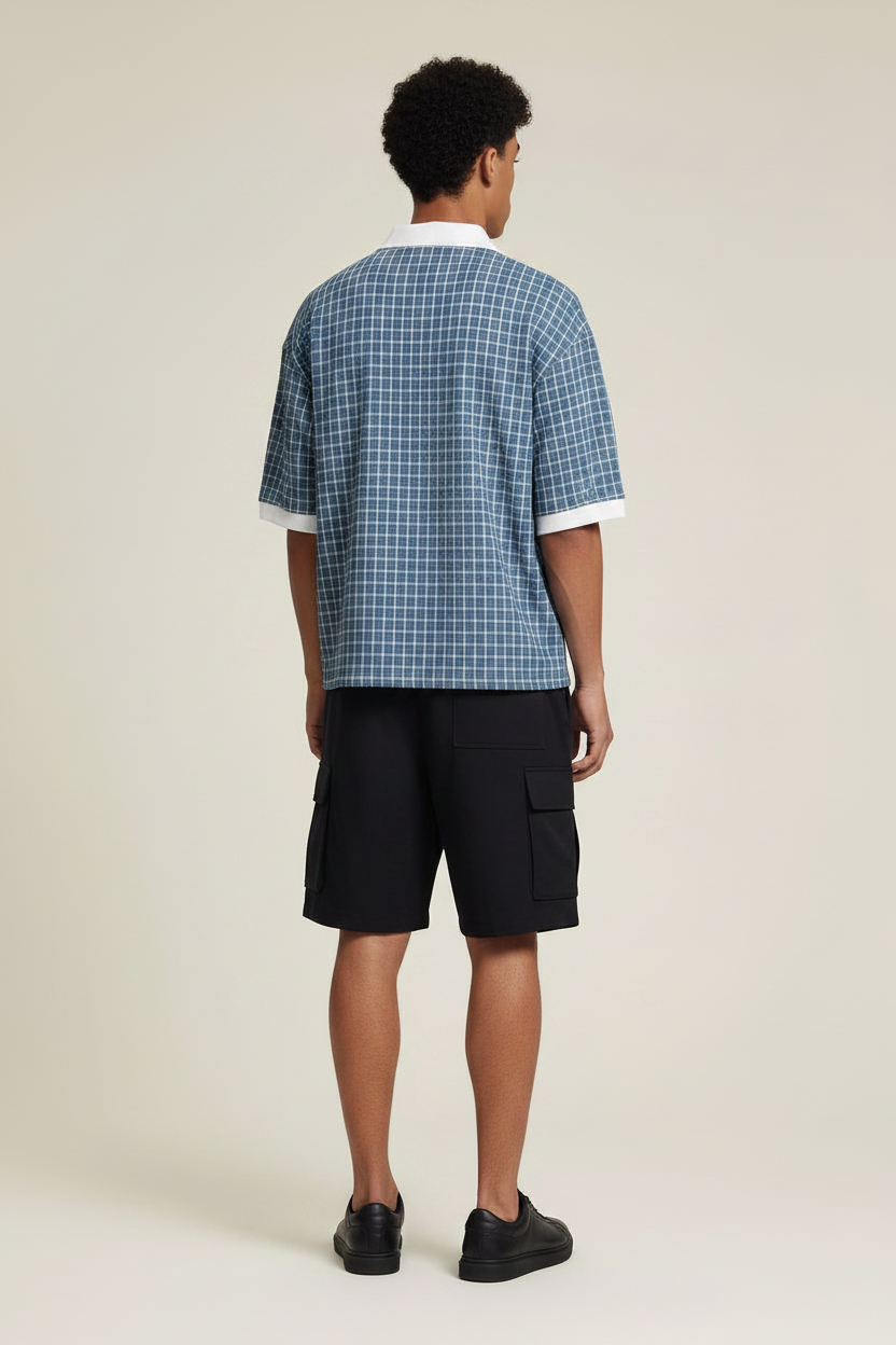 Men's Colour-Block Plaid Lapel Short Sleeve Shirt