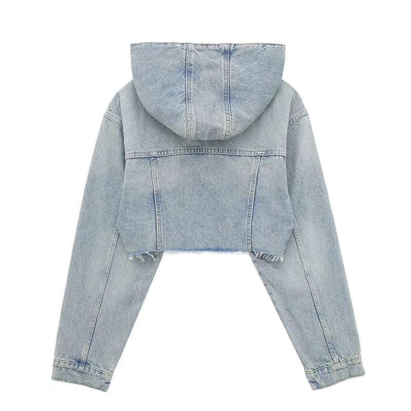 Women's Washed Frayed Hem Hooded Denim Jacket