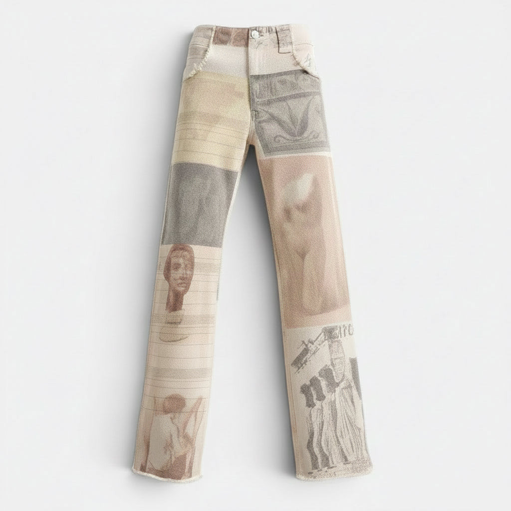 Calças de ganga largas com estampado de colagem artística