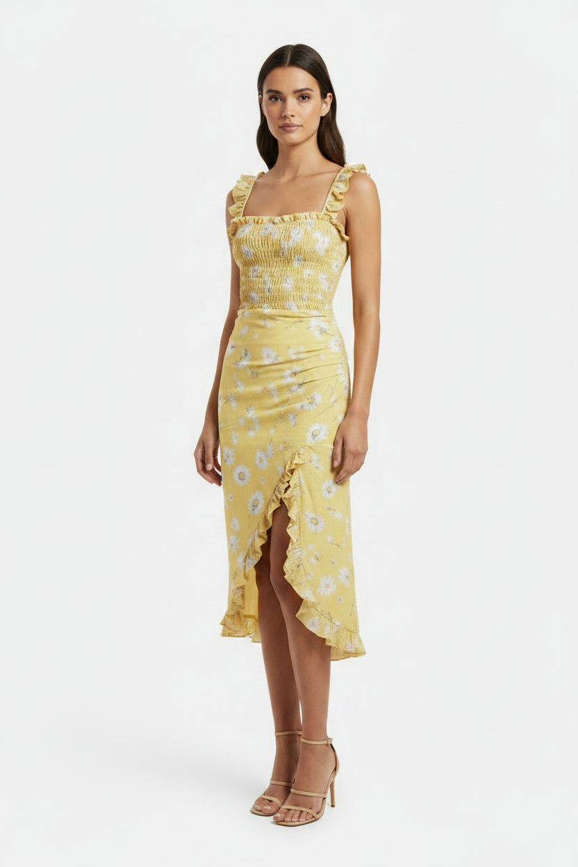 Women's Retro Ruffle-Trimmed Sleeveless Slip Dress – High Side Slit