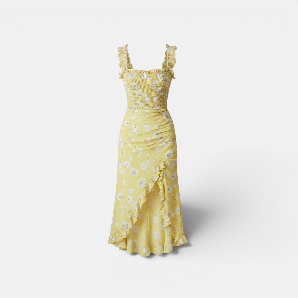 Women's Retro Ruffle-Trimmed Sleeveless Slip Dress – High Side Slit