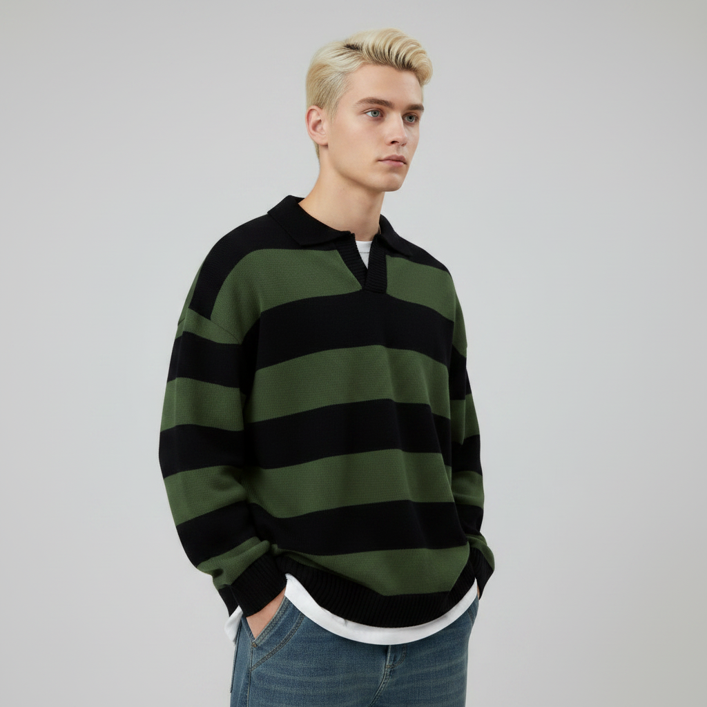 Men's Casual V-Neck Contrast Stripe Long-Sleeve Knit Pullover